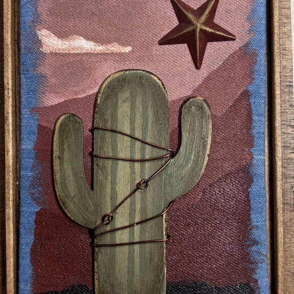 Mixed Media Art Saguaro Cactus Tan Mauve Sunset Star Desert Wood Southwest 6 x 8 - Picture 3 of 8